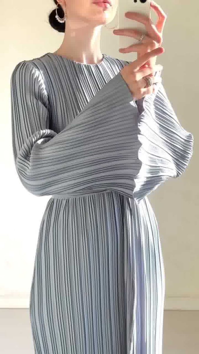 Autumn New Pleated Flared Sleeve Wedding Guest  Dress Abaya with Belt(MA193)
