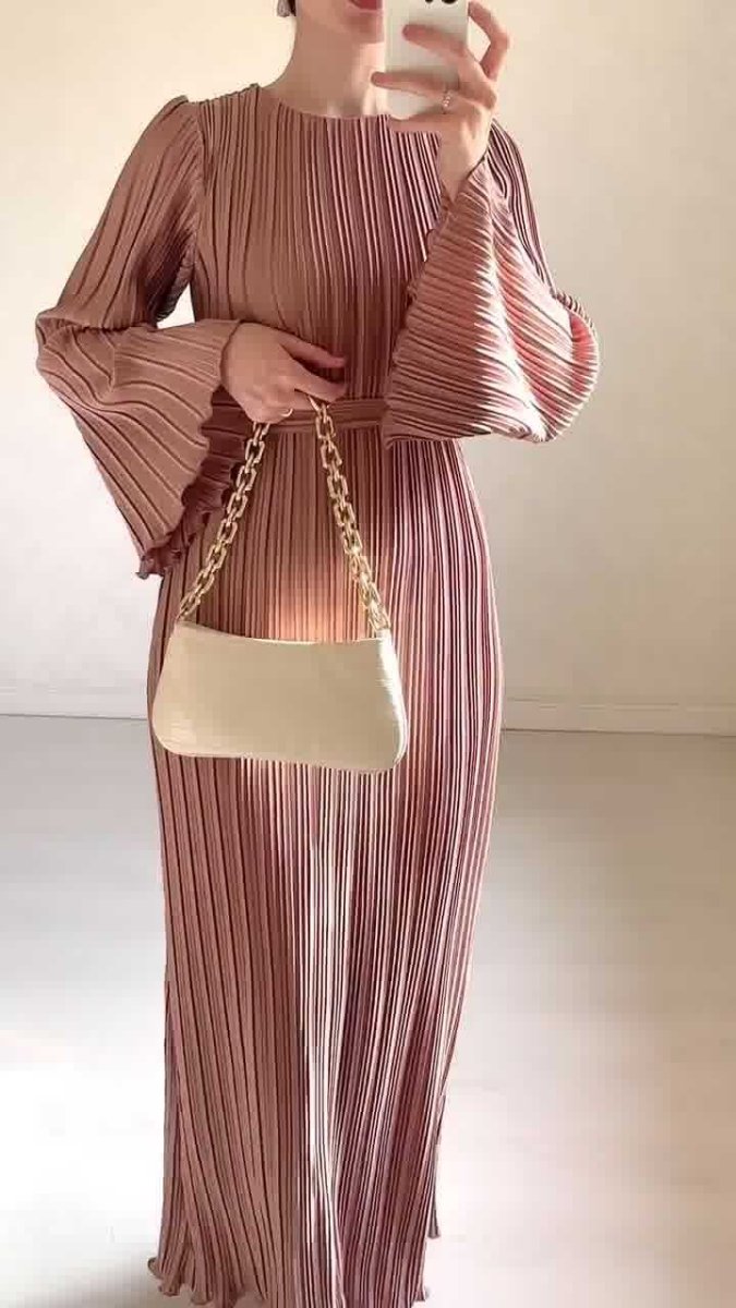 Autumn New Pleated Flared Sleeve Wedding Guest  Dress Abaya with Belt(MA193)