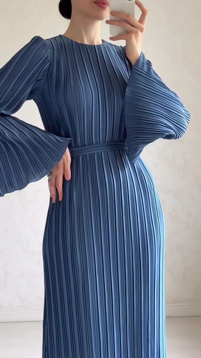 Autumn New Pleated Flared Sleeve Wedding Guest  Dress Abaya with Belt(MA193)