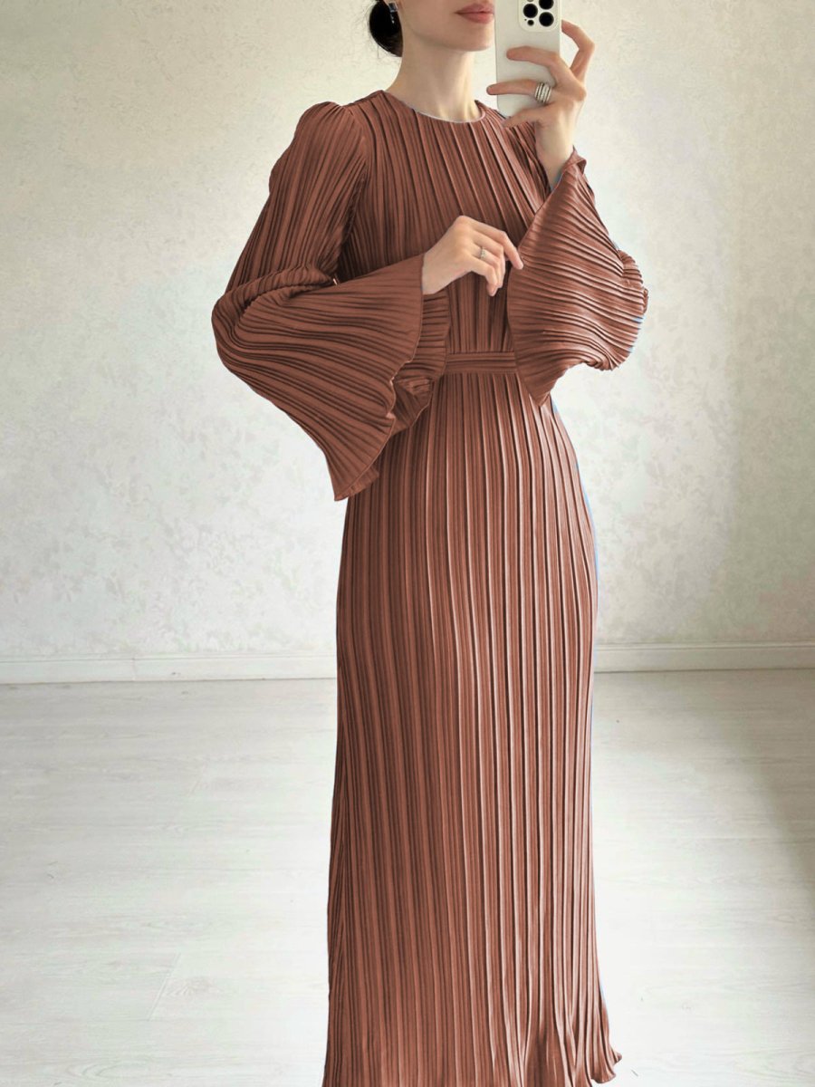 Autumn New Pleated Flared Sleeve Wedding Guest  Dress Abaya with Belt(MA193)