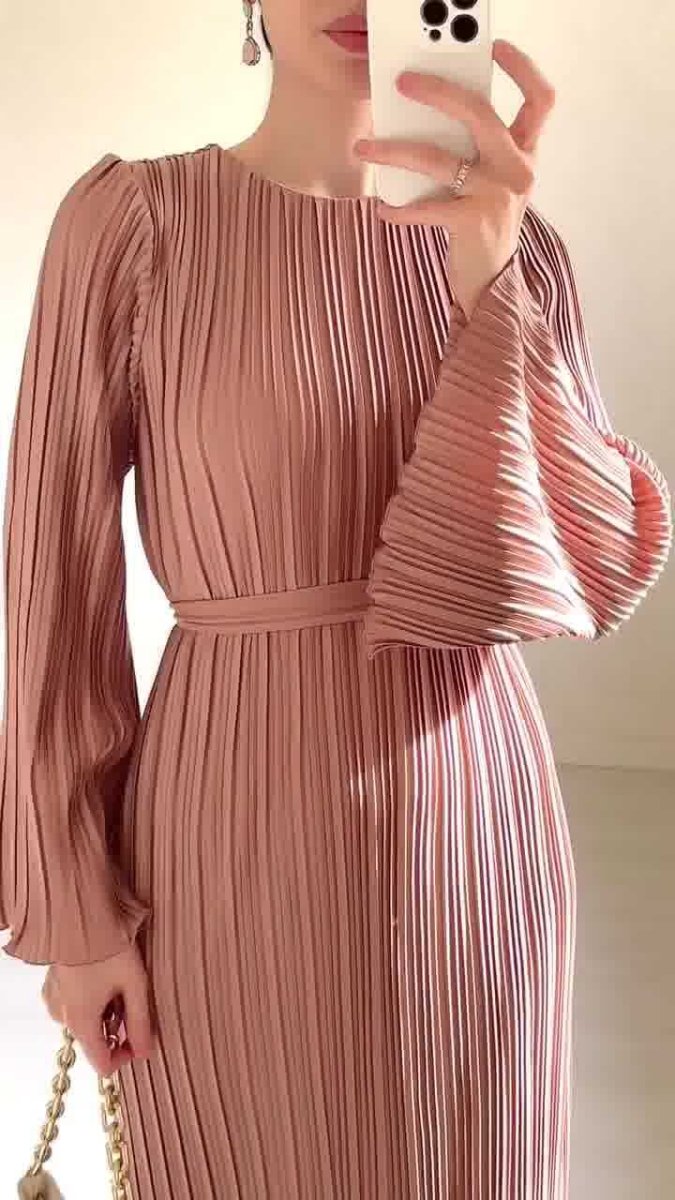 Autumn New Pleated Flared Sleeve Wedding Guest  Dress Abaya with Belt(MA193)