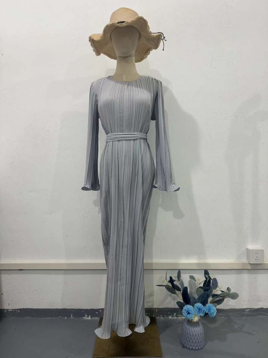 Autumn New Pleated Flared Sleeve Wedding Guest  Dress Abaya with Belt(MA193)