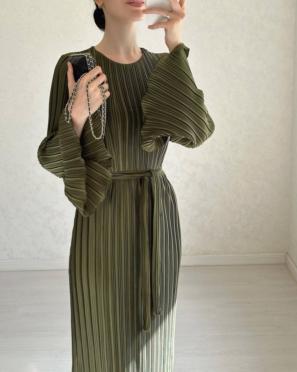 Autumn New Pleated Flared Sleeve Wedding Guest  Dress Abaya with Belt(MA193)