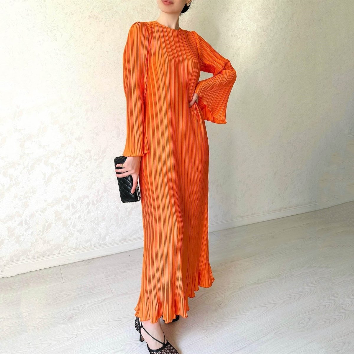 Autumn New Pleated Flared Sleeve Wedding Guest  Dress Abaya with Belt(MA193)