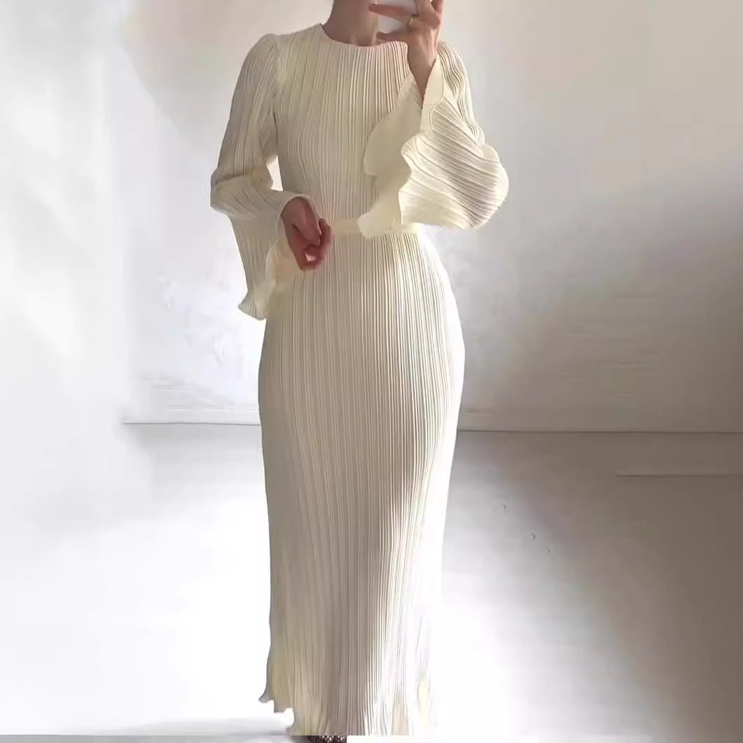 Autumn New Pleated Flared Sleeve Wedding Guest  Dress Abaya with Belt(MA193)