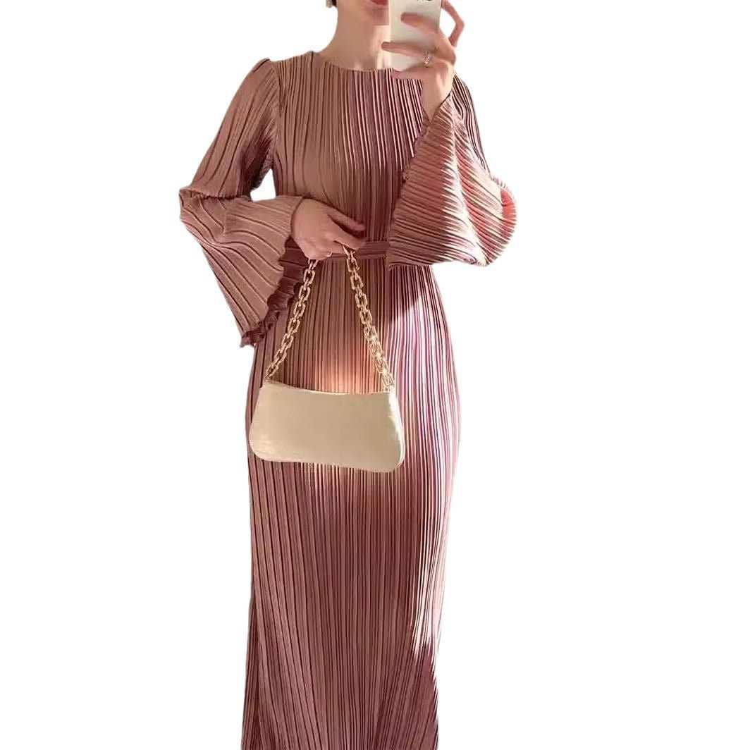 Autumn New Pleated Flared Sleeve Wedding Guest  Dress Abaya with Belt(MA193)