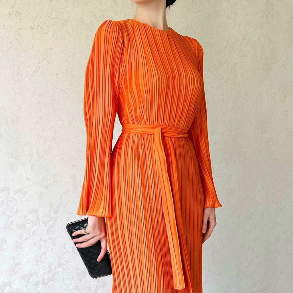 Autumn New Pleated Flared Sleeve Wedding Guest  Dress Abaya with Belt(MA193)