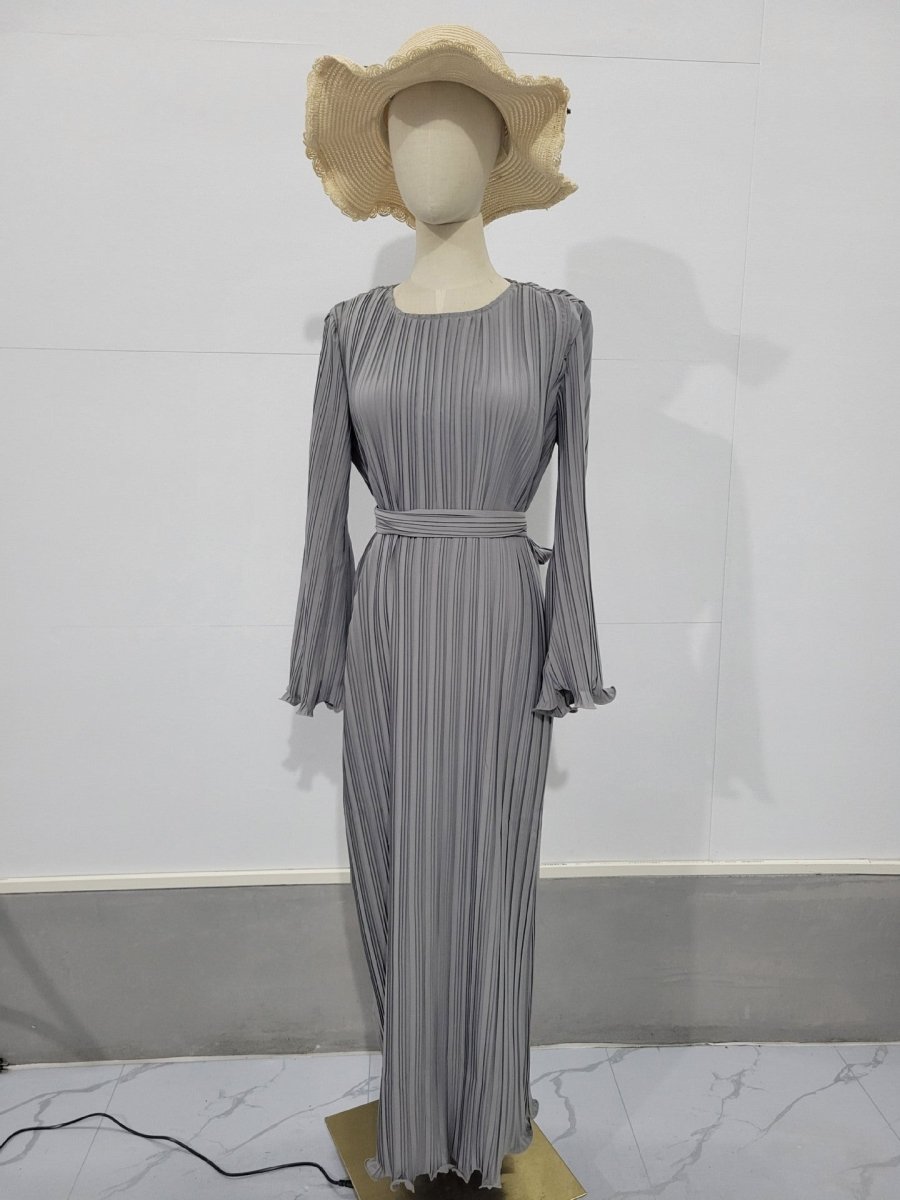 Autumn New Pleated Flared Sleeve Wedding Guest  Dress Abaya with Belt(MA193)