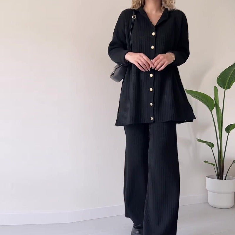 Autumn Winter Knit Two-Piece Set | Button-Up Collar Top & Elastic Waist Pants(MS125)