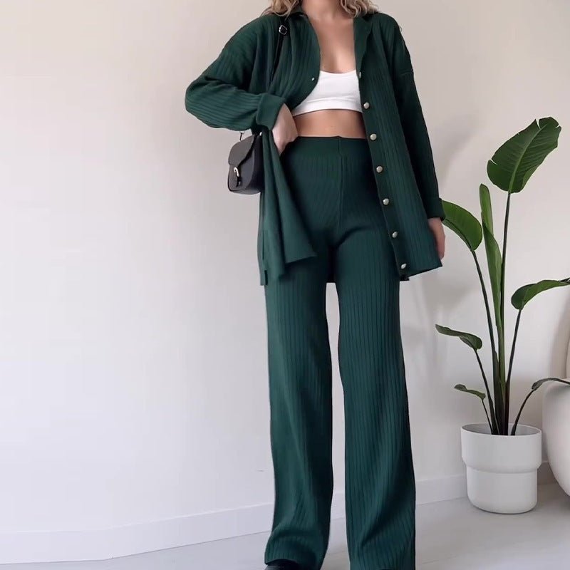 Autumn Winter Knit Two-Piece Set | Button-Up Collar Top & Elastic Waist Pants(MS125)