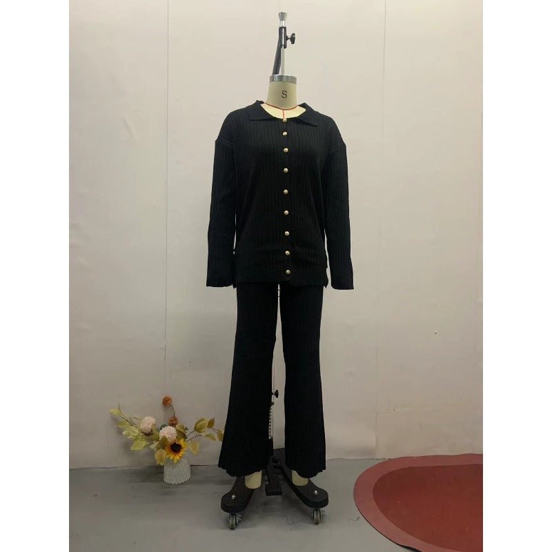 Autumn Winter Knit Two-Piece Set | Button-Up Collar Top & Elastic Waist Pants(MS125)