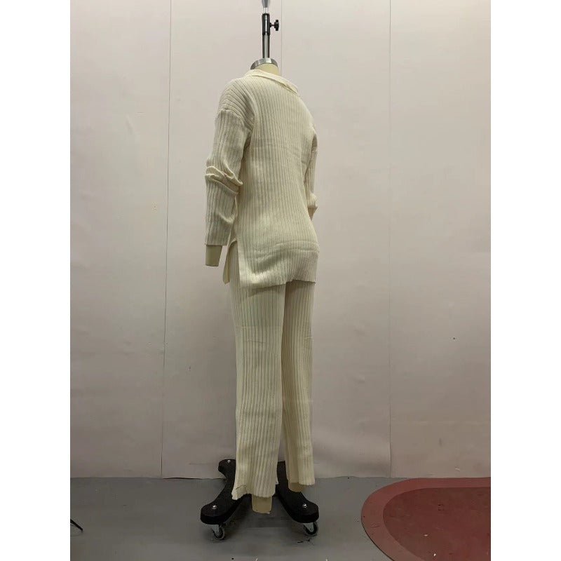 Autumn Winter Knit Two-Piece Set | Button-Up Collar Top & Elastic Waist Pants(MS125)