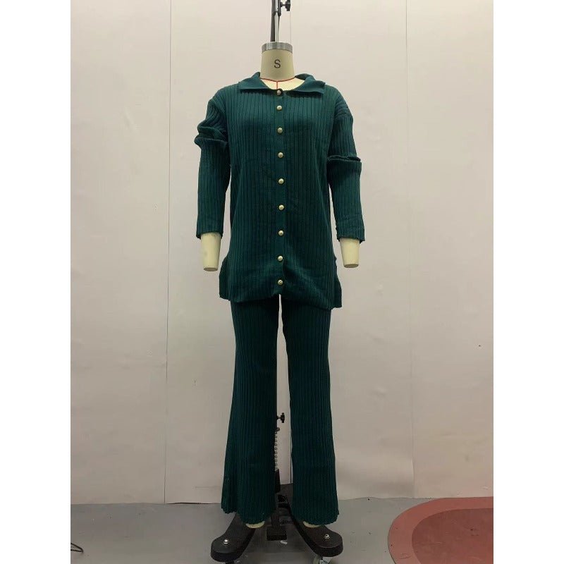Autumn Winter Knit Two-Piece Set | Button-Up Collar Top & Elastic Waist Pants(MS125)