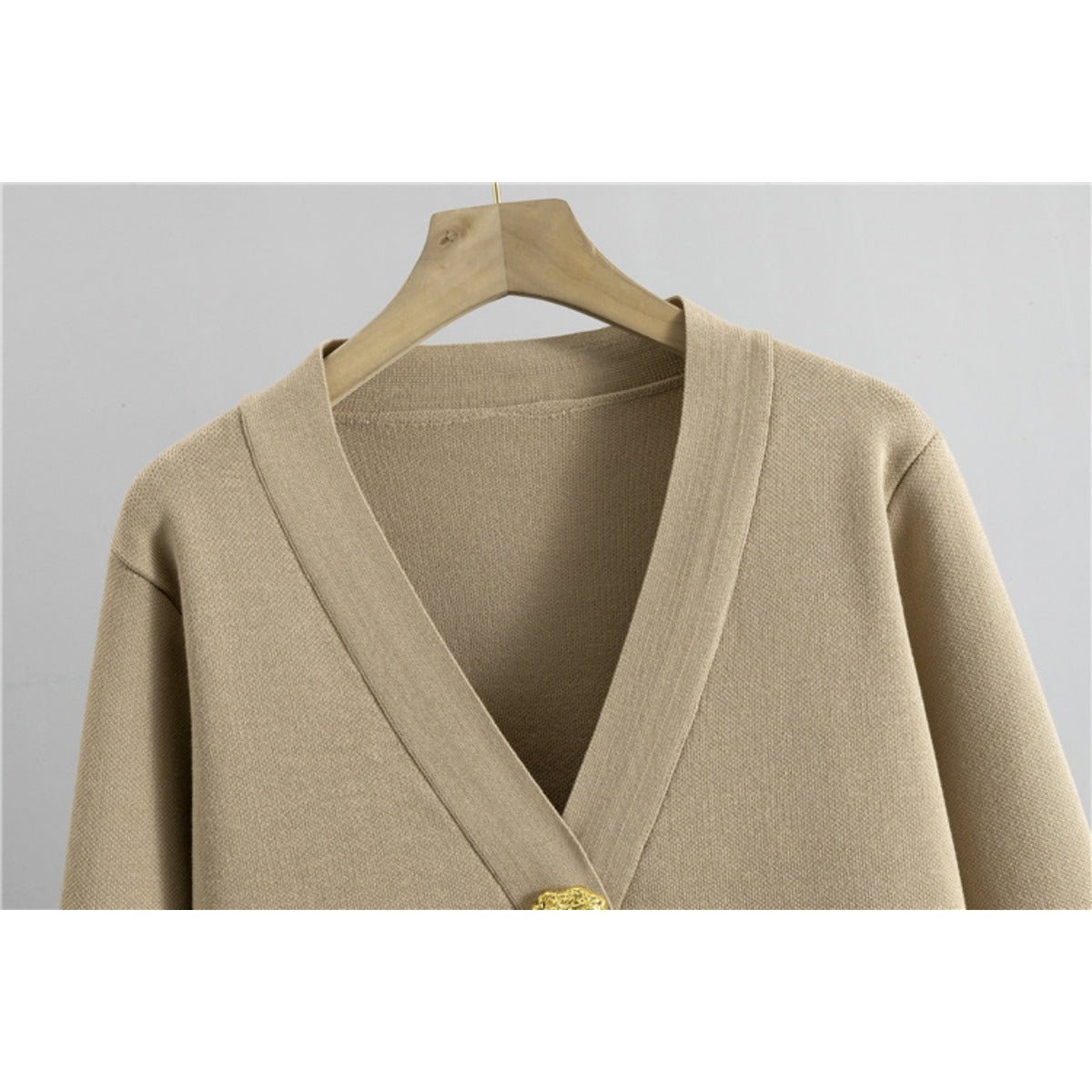 Autumn-Winter Knit V-Neck Gold Button Cardigan Two-Piece Set (MS089)
