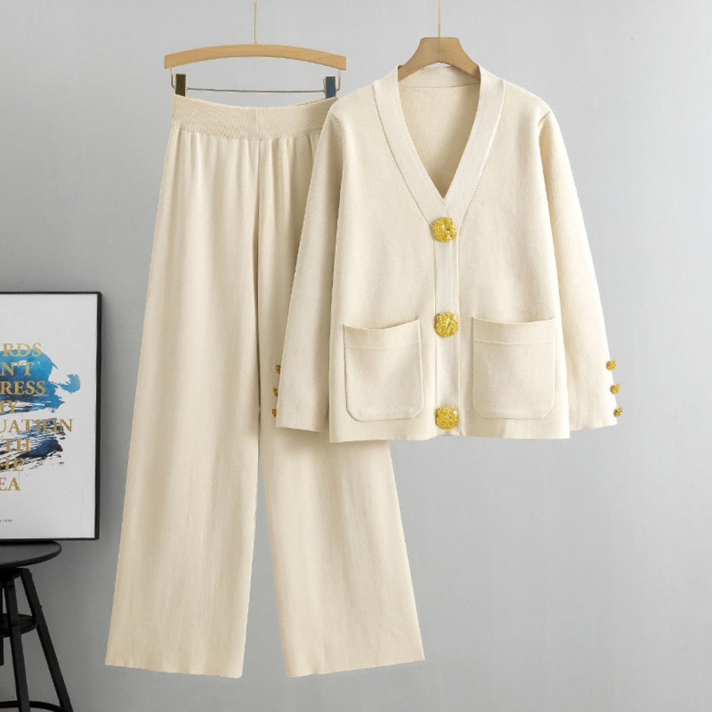 Autumn-Winter Knit V-Neck Gold Button Cardigan Two-Piece Set (MS089)