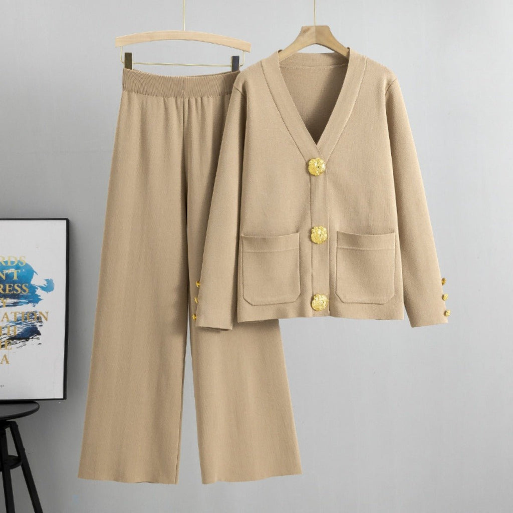 Autumn-Winter Knit V-Neck Gold Button Cardigan Two-Piece Set (MS089)