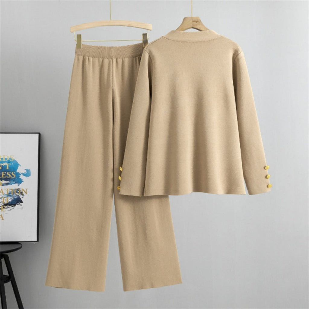 Autumn-Winter Knit V-Neck Gold Button Cardigan Two-Piece Set (MS089)