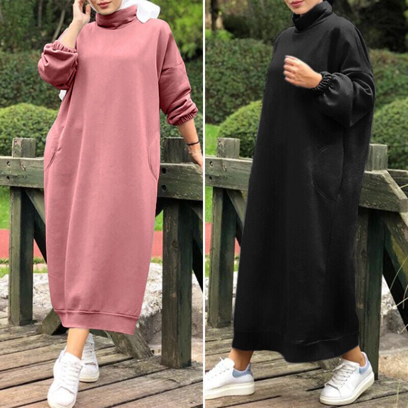 Autumn Winter  Lined Turtleneck Maxi Dress | Casual Sweatshirt Dress with Elastic Cuffs (MS138)