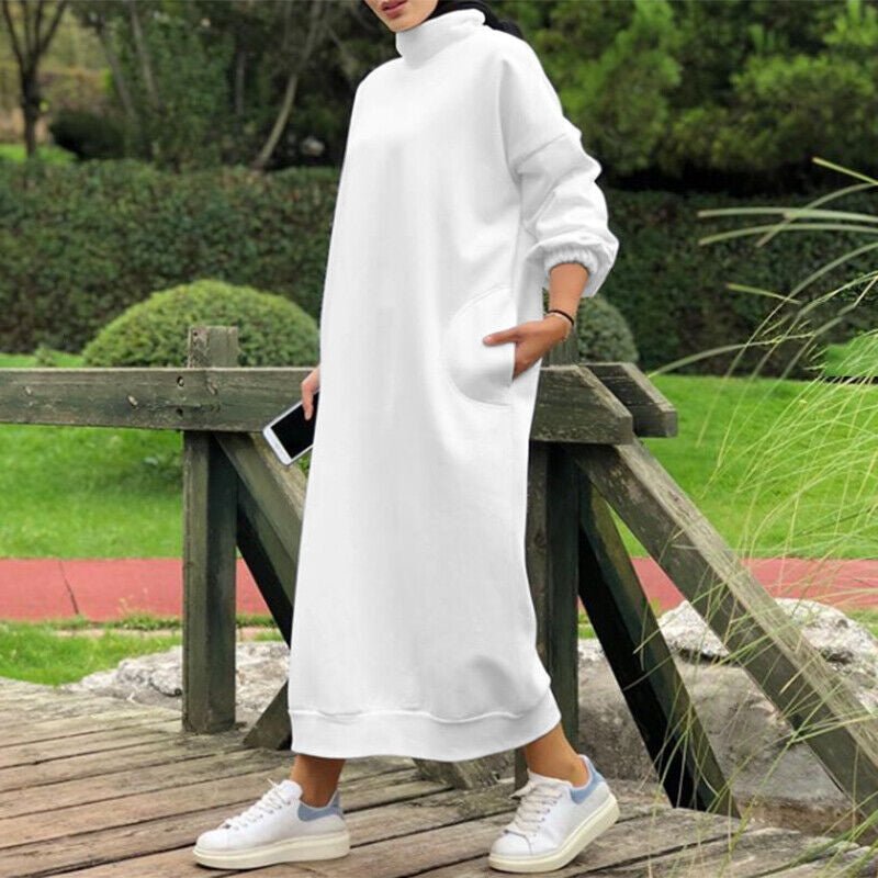 Autumn Winter  Lined Turtleneck Maxi Dress | Casual Sweatshirt Dress with Elastic Cuffs (MS138)