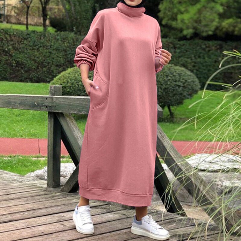 Autumn Winter  Lined Turtleneck Maxi Dress | Casual Sweatshirt Dress with Elastic Cuffs (MS138)