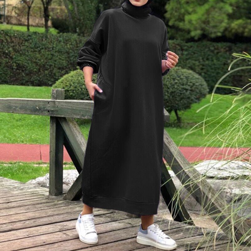 Autumn Winter  Lined Turtleneck Maxi Dress | Casual Sweatshirt Dress with Elastic Cuffs (MS138)
