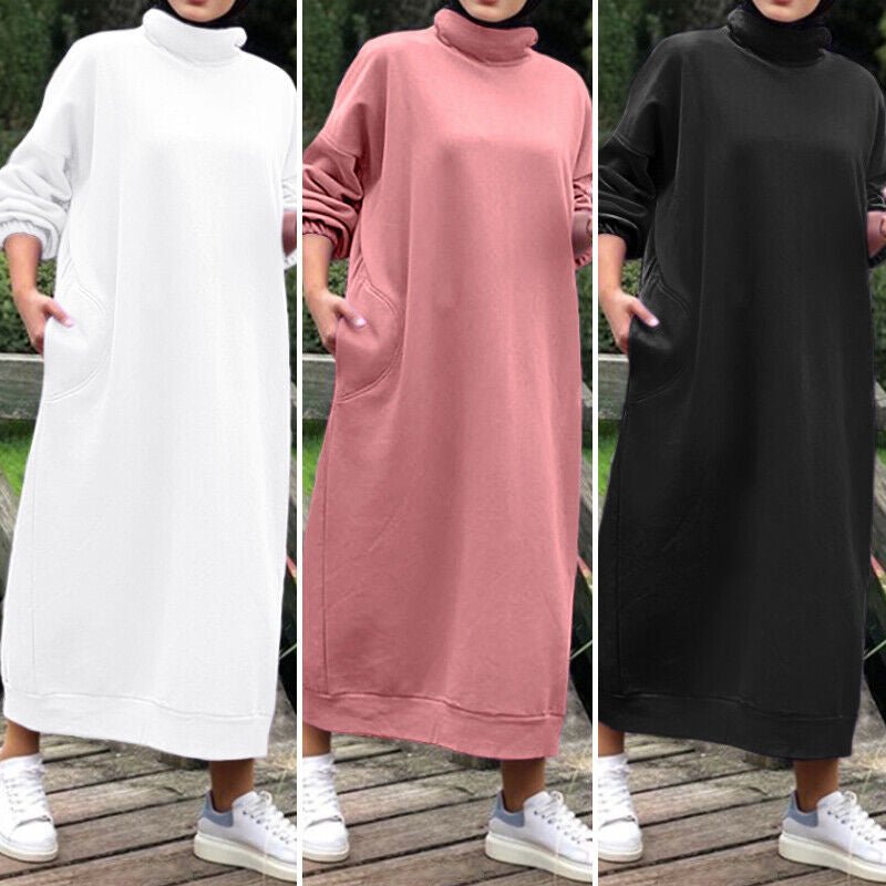 Autumn Winter  Lined Turtleneck Maxi Dress | Casual Sweatshirt Dress with Elastic Cuffs (MS138)