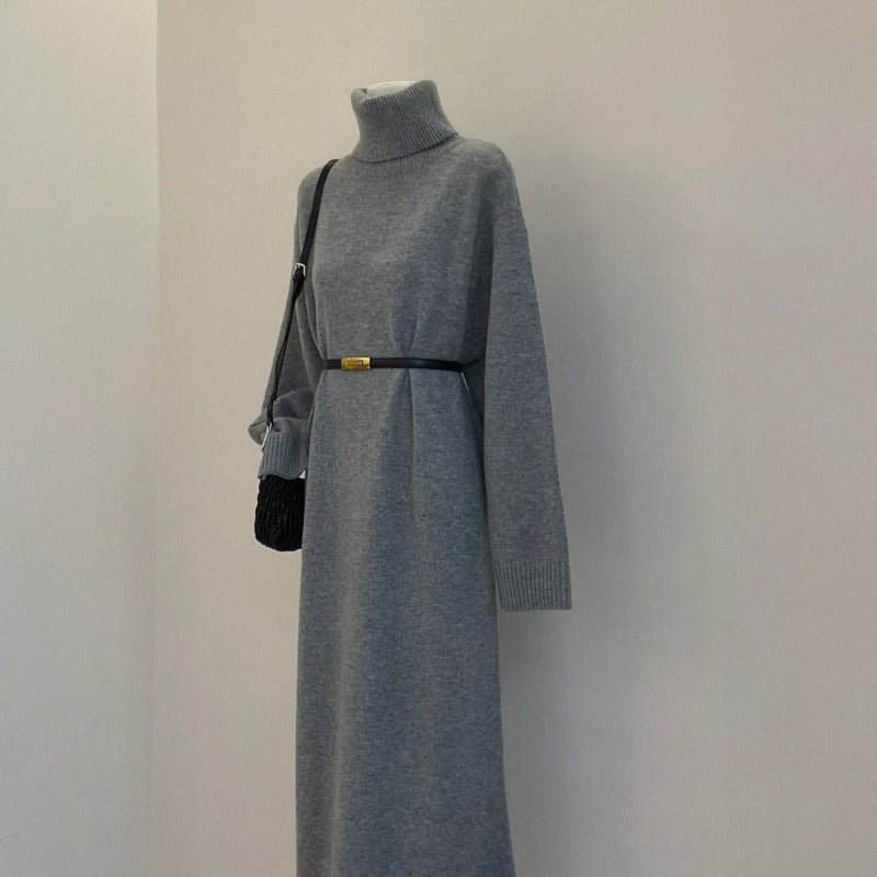 Autumn Winter Turtleneck Knit Maxi Dress | Elegant Lazy Style Grey Long Sleeve Sweater Dress(MS131)