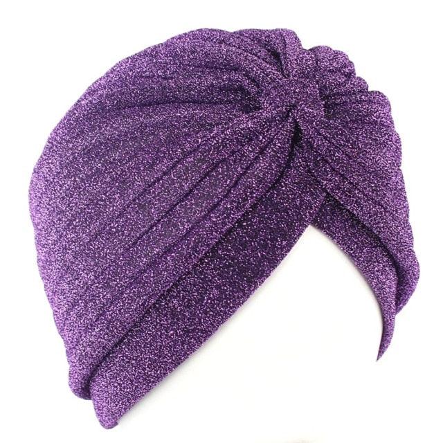 Autumn Winter Warm Headwear Soft Shine Silver Gold Lightweight Knot Twist Turban Headbands Cap Casual Streetwear Hats For Women