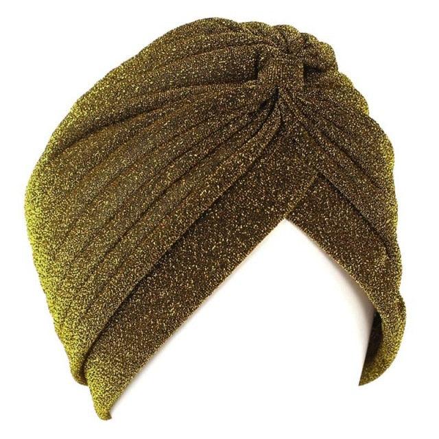 Autumn Winter Warm Headwear Soft Shine Silver Gold Lightweight Knot Twist Turban Headbands Cap Casual Streetwear Hats For Women