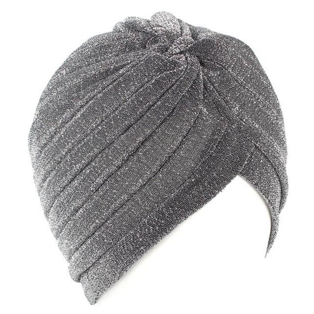 Autumn Winter Warm Headwear Soft Shine Silver Gold Lightweight Knot Twist Turban Headbands Cap Casual Streetwear Hats For Women