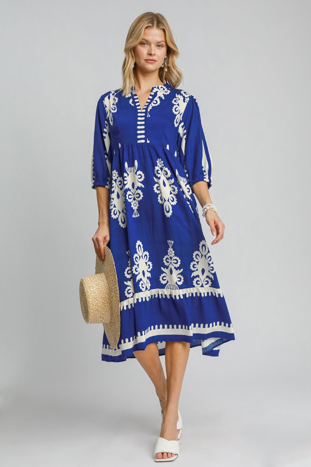 Royal Blue Printed Notched Midi Dress Elegant & Timeless Dress For Every Occasion