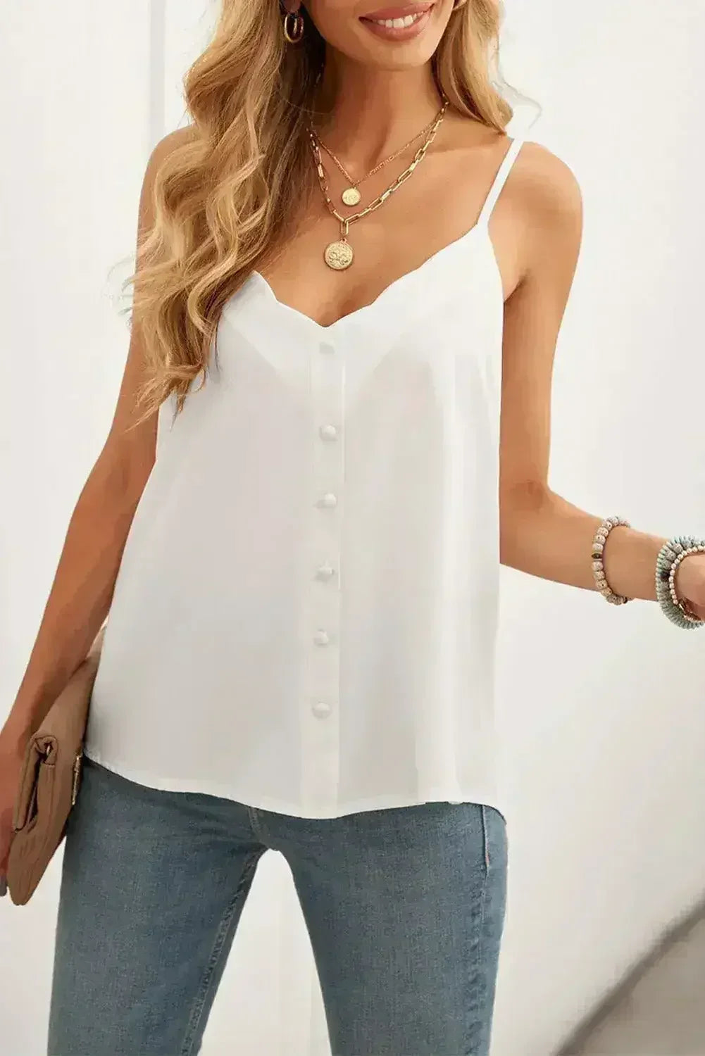 White Spaghetti Straps Buttoned V Neck Vest