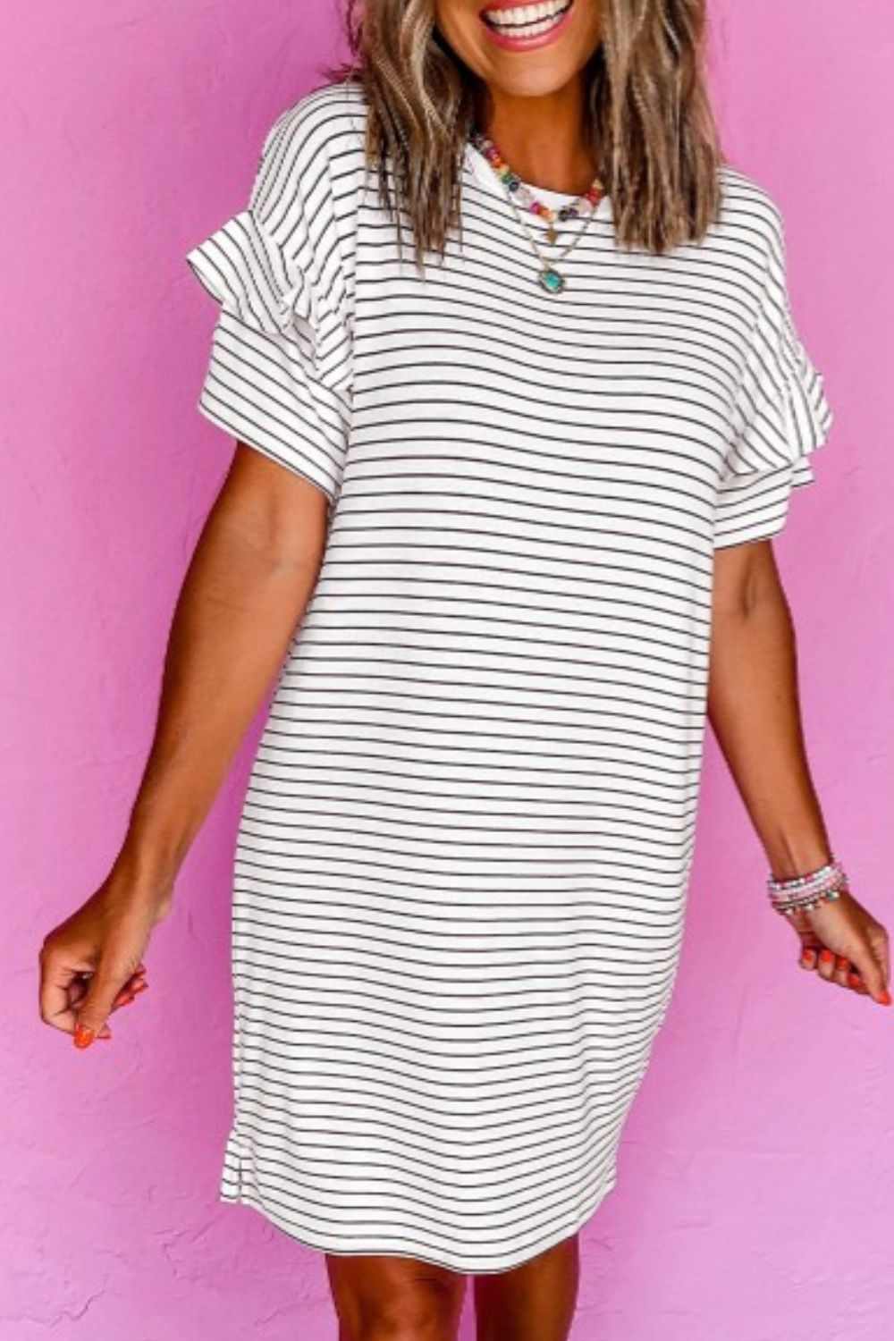 White Striped Round Neck Short Sleeve Mini Dress Casual & Playful Everyday Look Dress