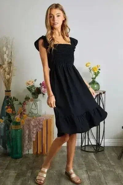 Smocked Square Neck Dress with Ruffled Sleeves - Feminine & Flirty | Femstylo