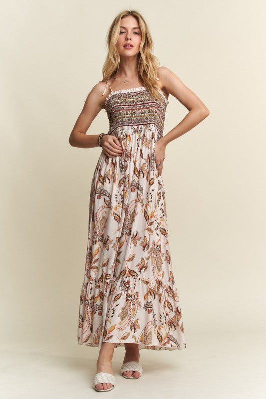 New Summer Smocked Printed Square Neck Tie Shoulder Cami Dress – Trendy, Chic, Feminine, Comfortable, Stylish Summer Dress