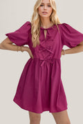 Elegant Ruched Puff Sleeve Mini Dress Vintage Bow Detail Cute Short Dress for Women