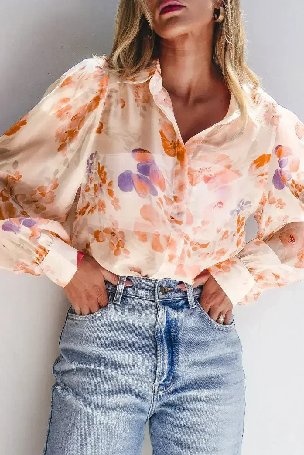 White Balloon Sleeve Floral Shirt - Loose Fit Blouse | Femstylo