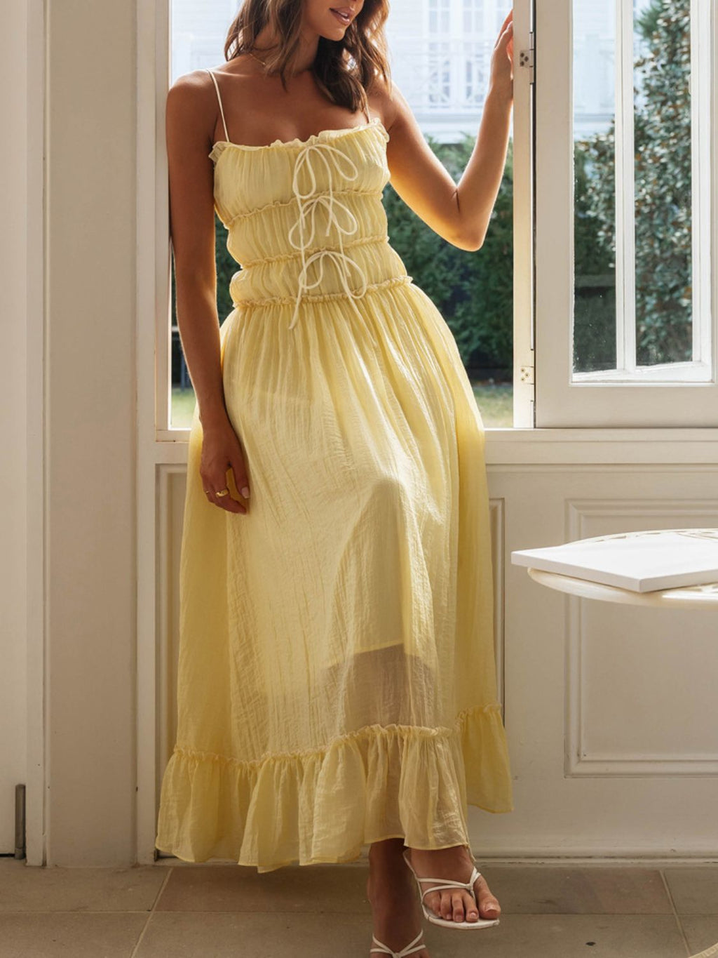 Vintage Ruffled Hem Midi Dress With Tied And Ruched Detail Elegant Feminine Girls Dress