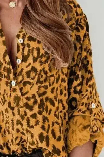 Leopard Button Detail Notched Long Sleeve Blouse | Femstylo