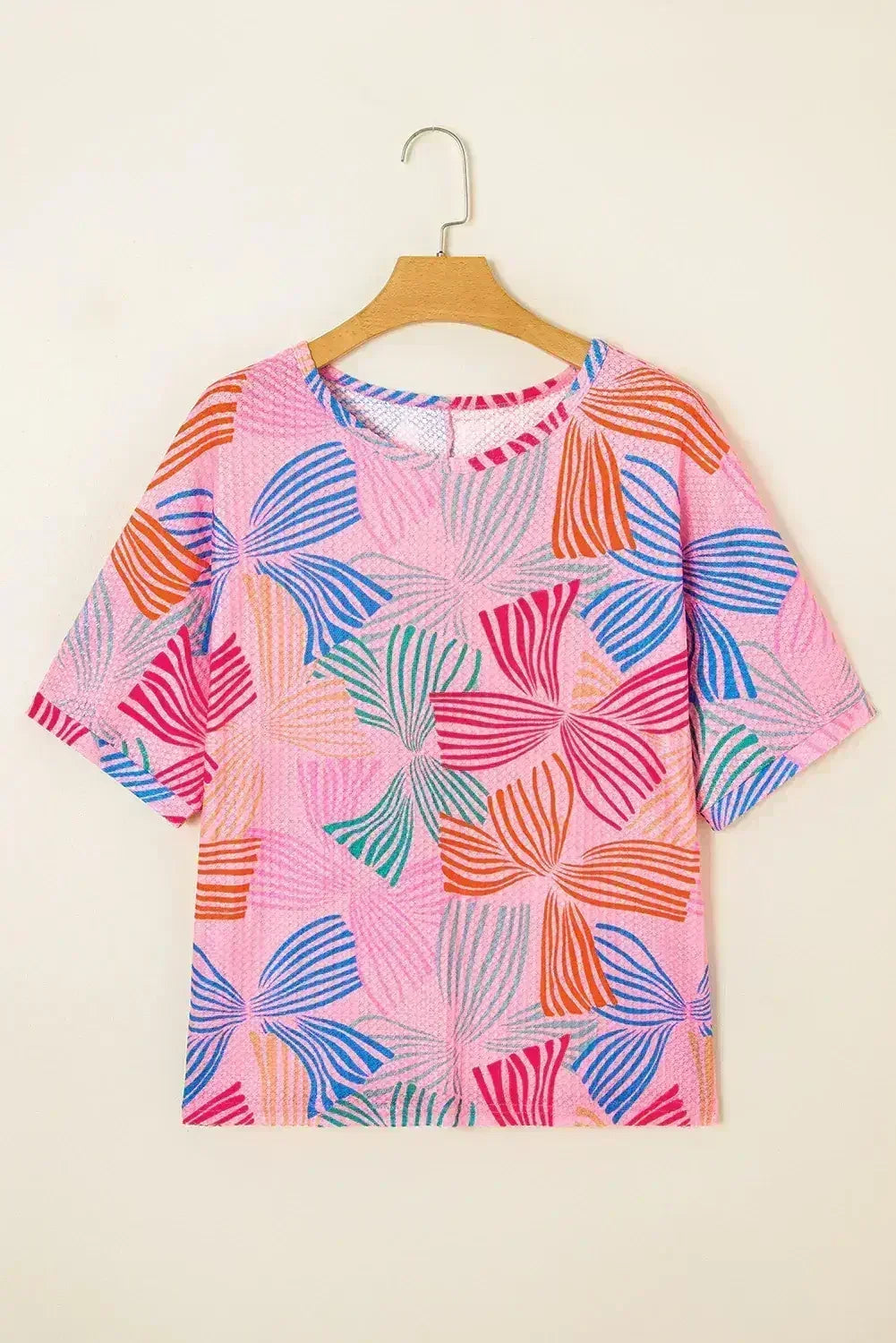 Sky Blue Bowknot Print Waffle Loose Tee