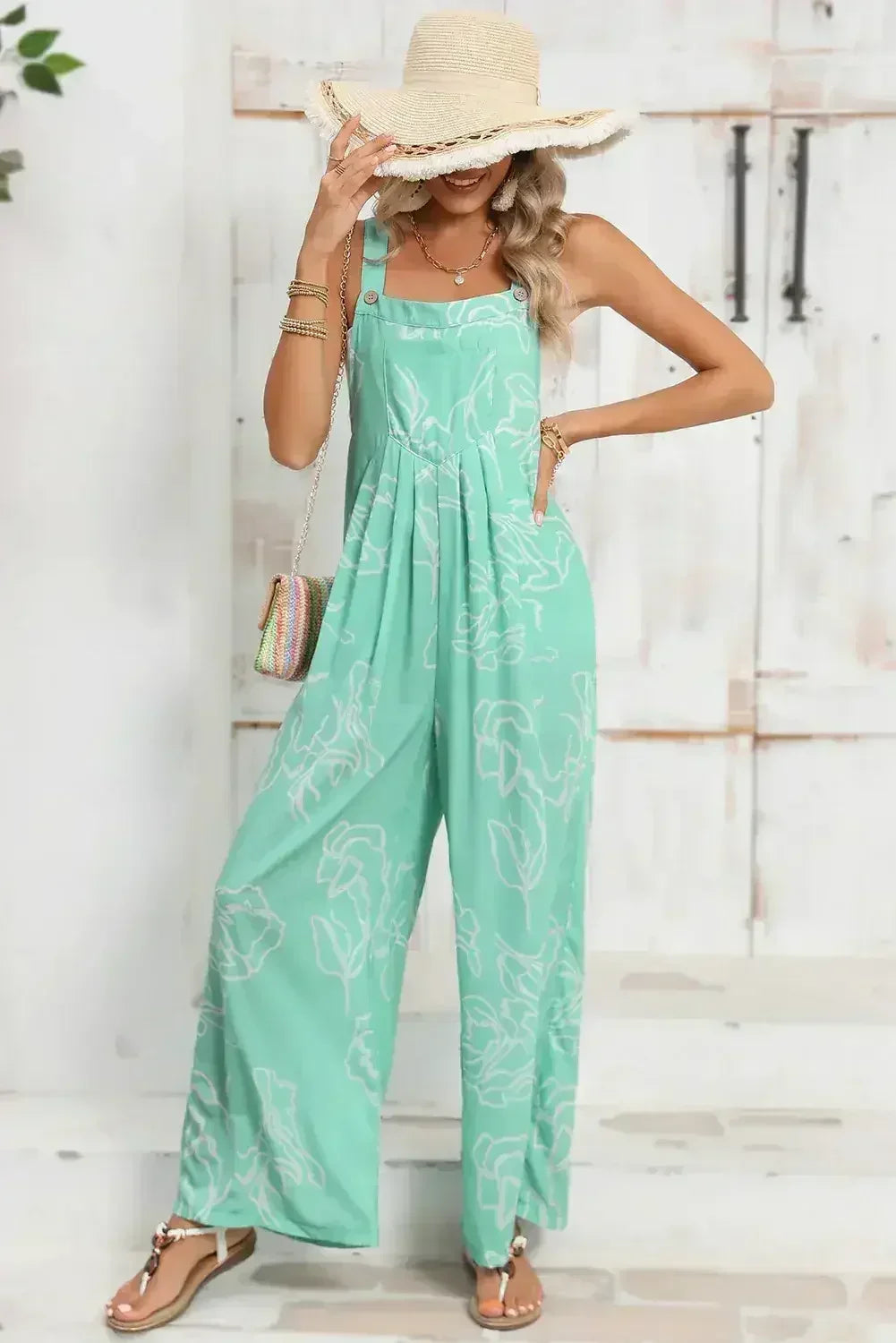Moonlight Jade Abstract Print Wide Leg Bib Overall