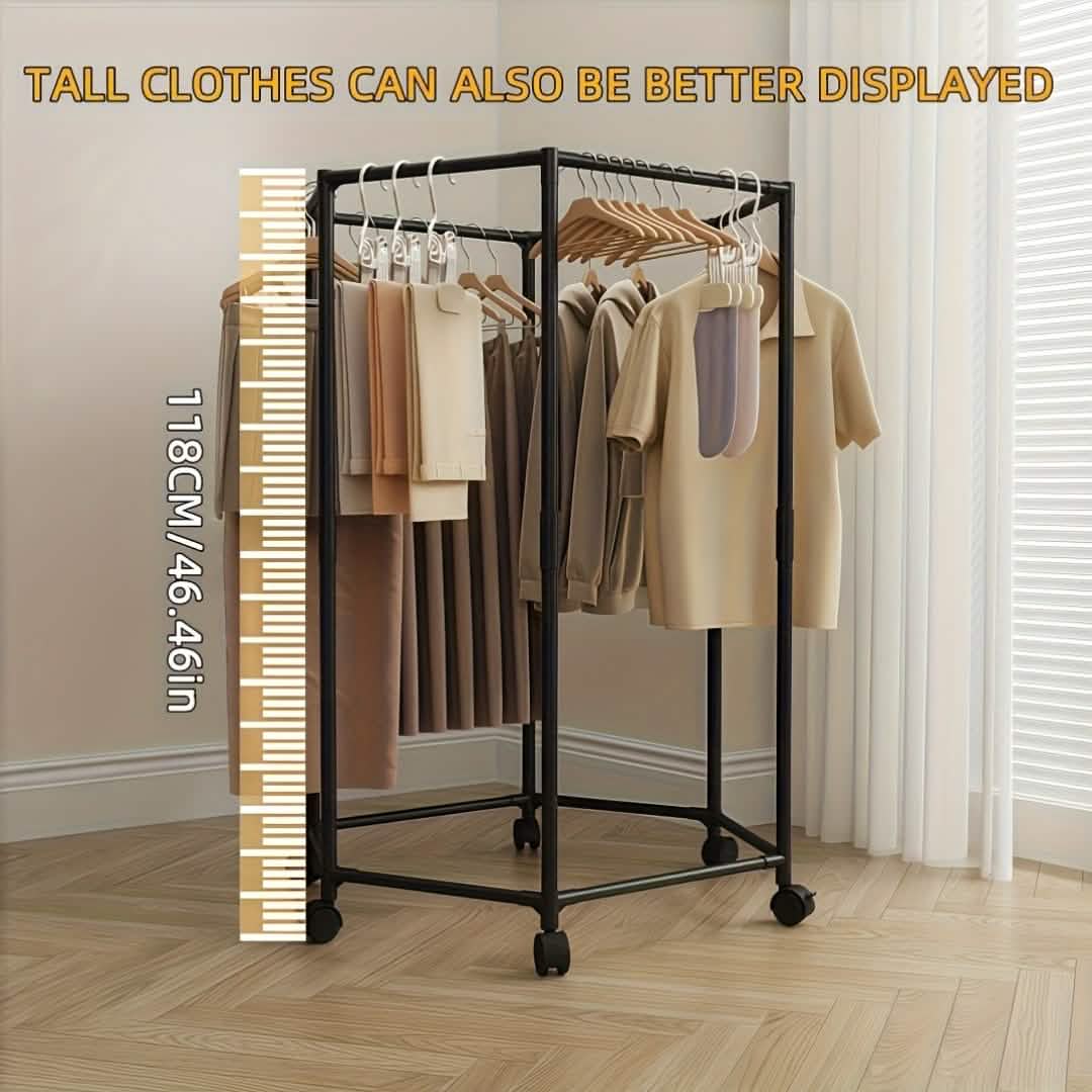 360 Rotating Freestanding Clothing Rack, Hexagonal Carbon Steel Organizer with Wheels