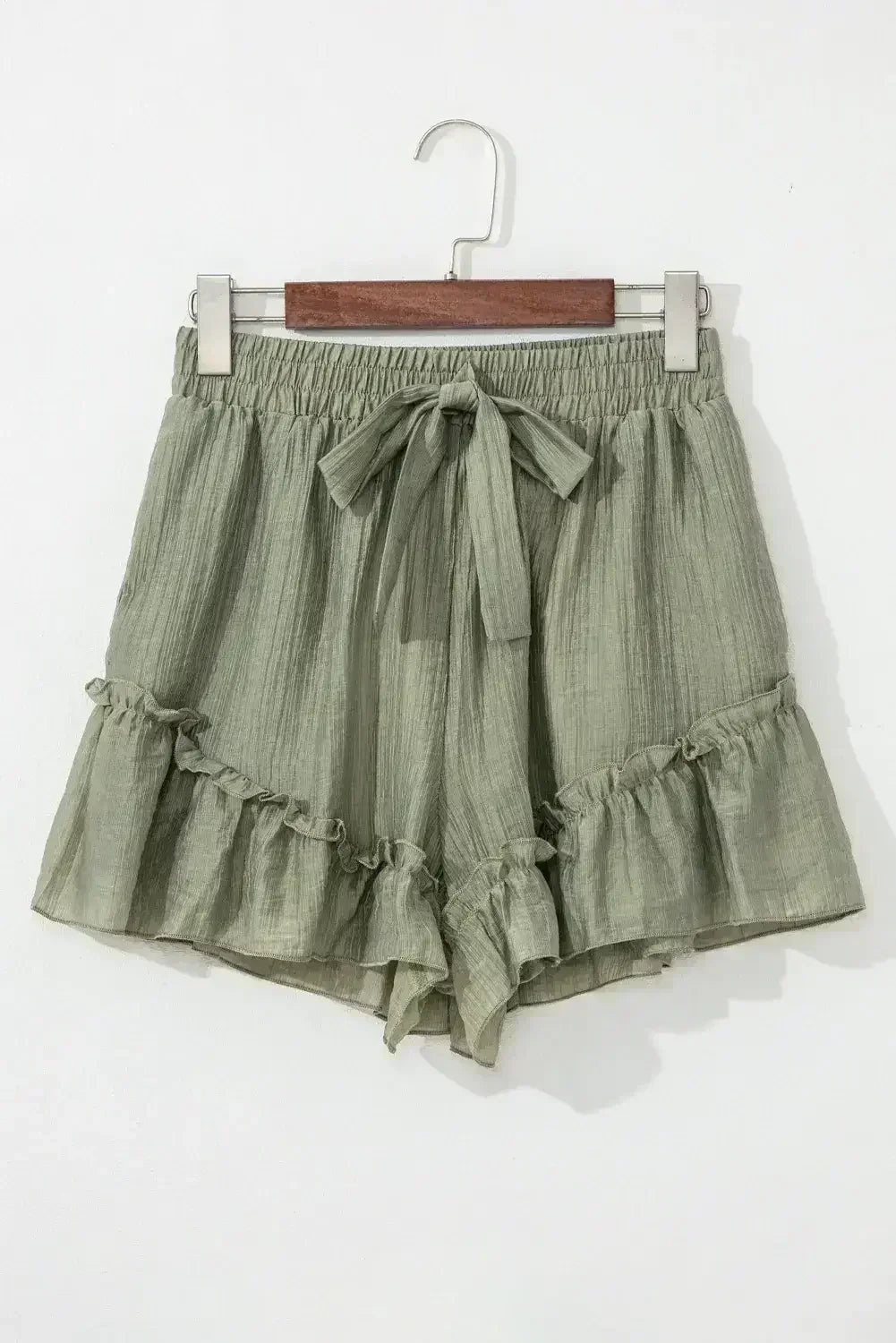 Laurel Green Textured Tie Waist Ruffle Hem Shorts