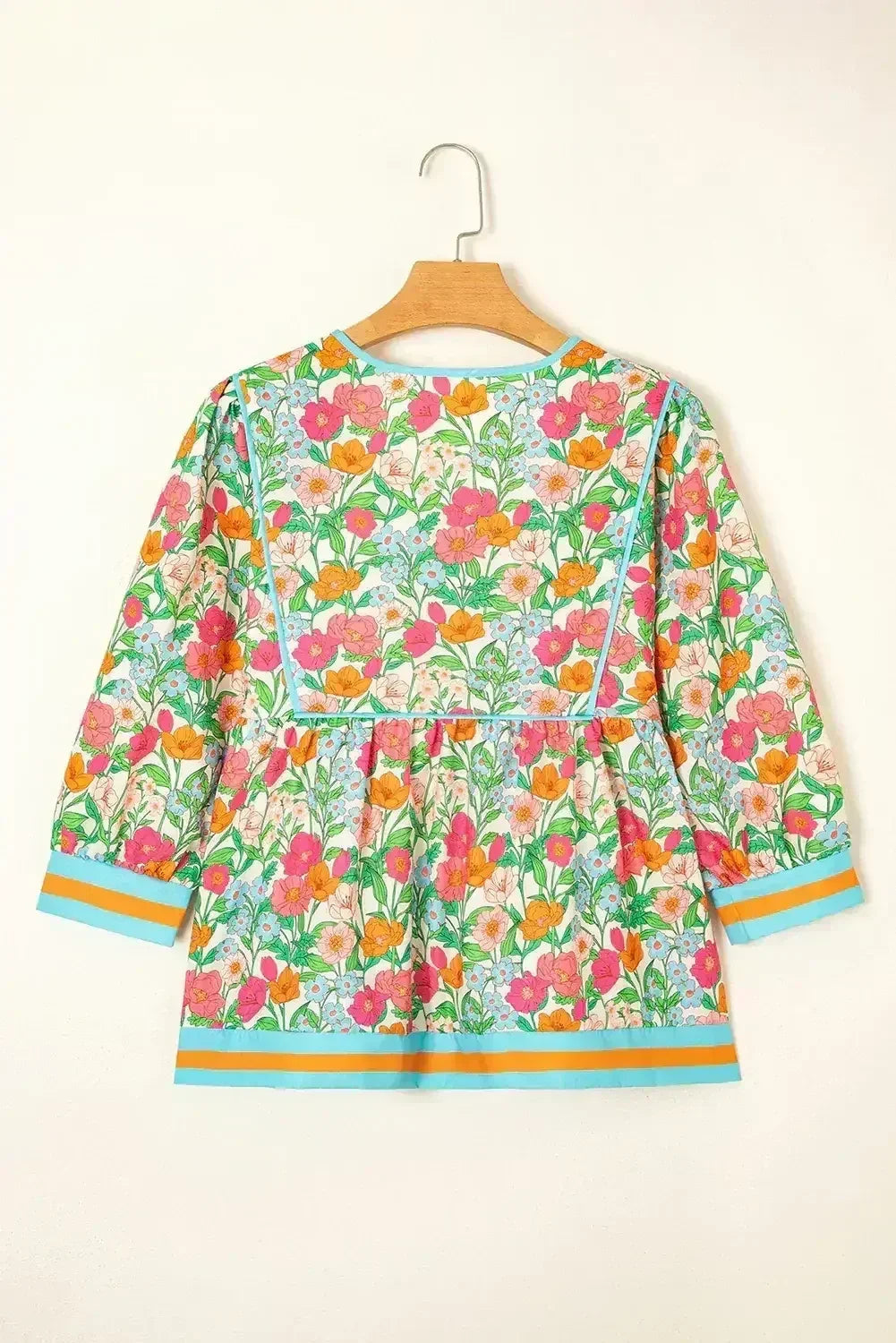 Green Floral Print Striped Trim Puff Sleeve Babydoll Blouse