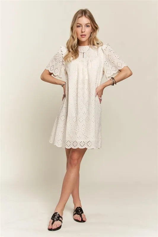 Ruffled Eyelet Round Neck Summer Dress For Women – Elegant Feminine Eyelet Dress with Ruffled Details for Garden Parties & Special Occasions
