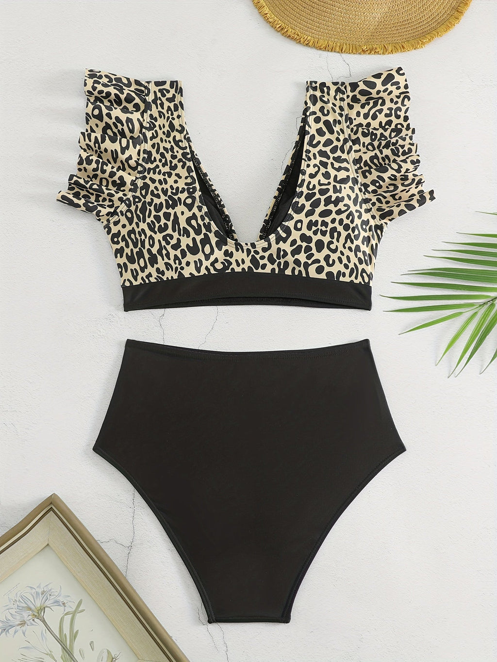 Bikini Black Solid Color Ruffle V Neck 2 Piece Swimsuit for Women – High Waisted Flattering Bikini Set with Lettuce Trim Bottoms – Sleek Stretchy Fabric Swimwear for Beach Days Poolside Style and Summer Vacation Looks