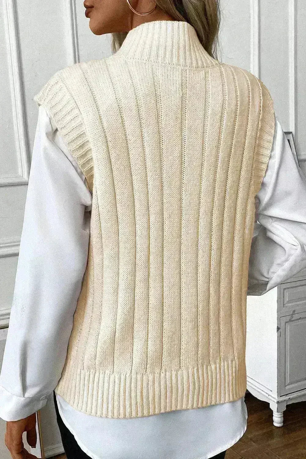 Cable Knit Sweater Vest – High Neck & Textured Oatmeal