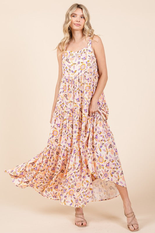 New Summer Flower Print Tiered Sleeveless Empire Maxi Dress – Elegant and Flattering Floral Dress with Empire Waist