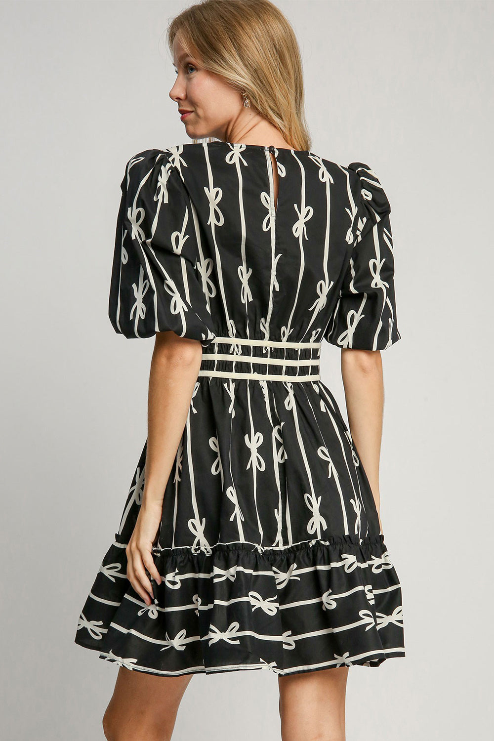 Elegant Black Ribbon Print Dress Stylish Contrast Half Sleeve Dress for Women