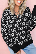Black Cute Bow Pattern Drop Shoulder Zipped Collar Sweater - Femstylo